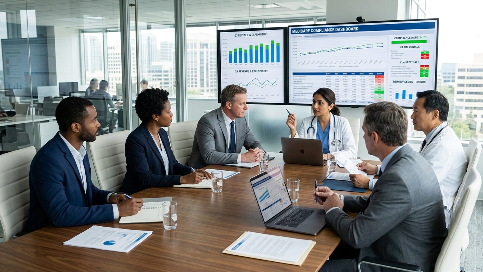 Healthcare leadership team reviewing a Medicare compliance and reimbursement dashboard in a conference room
